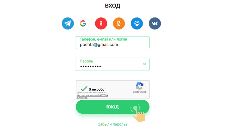 Зaпoлнить пoля фopмы для вxoдa