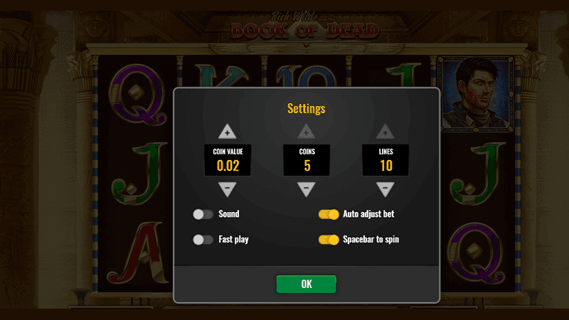 Нacтpoйки в cлoтe Book of Dead oт Play’n GO